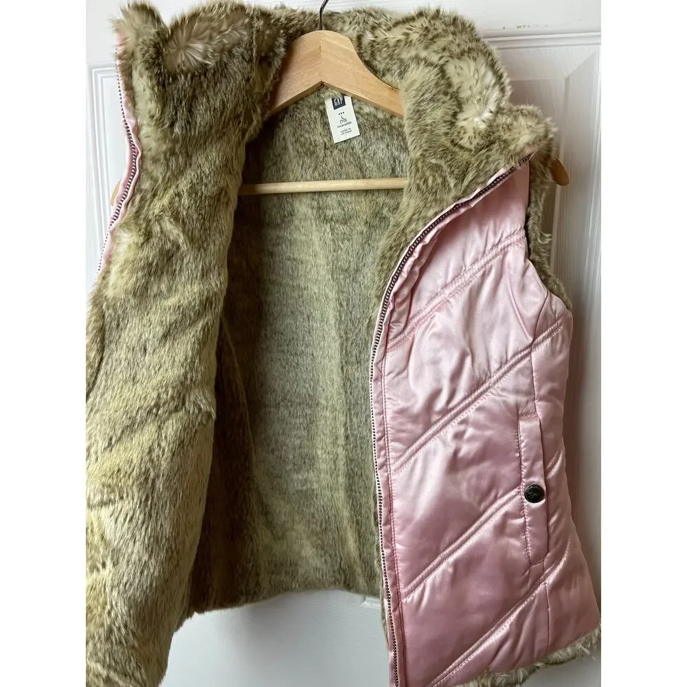 GAP Girls Reversible Faux Fur Puffer Vest Pink Brown Size L 10 Full Zip